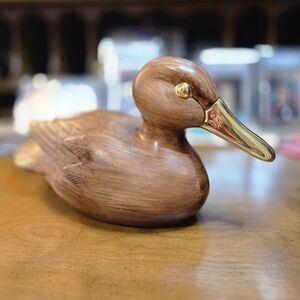 Elegant Brown Vintage Ceramic Duck Figurine With Brass Plated Beak And Eyes.